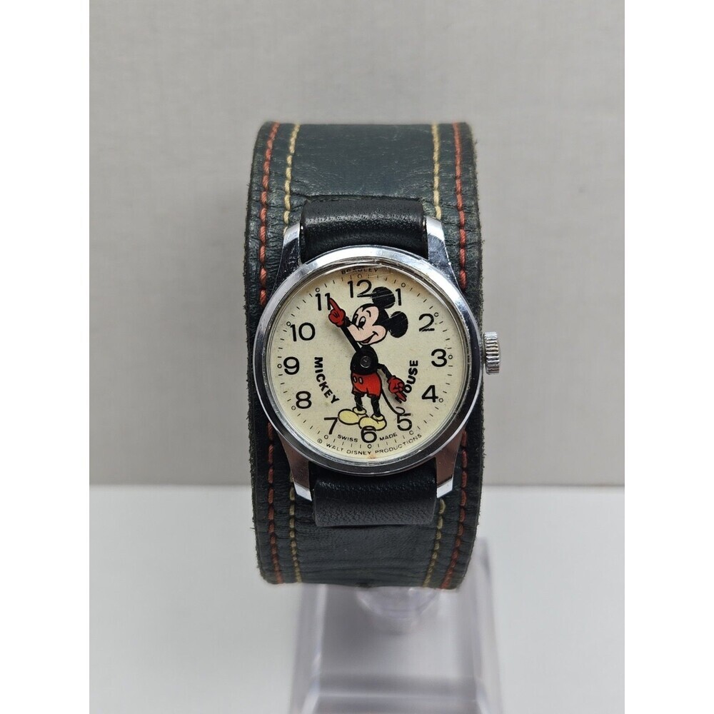 Vintage Bradley Mickey Mouse Swiss Made Walt Disney Mechanical Watch Blue Strap